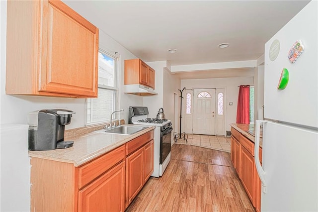 2286 Brigham St Unit 1E, Brooklyn, NY 11229 - kitchen featuring white appliances, under cabinet range hood, light wood finished floors, and light countertops