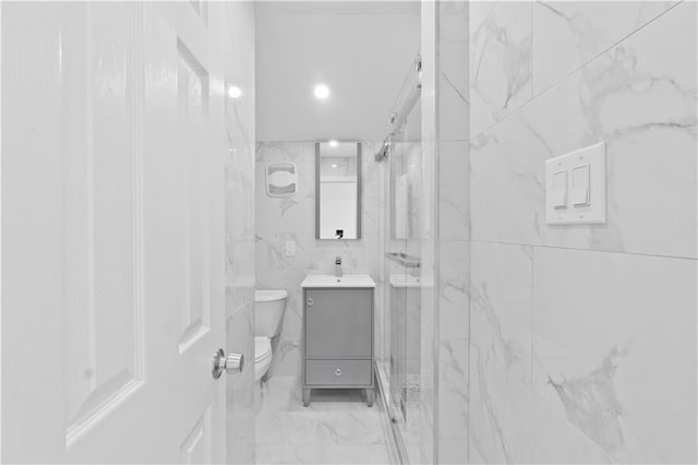 797 Father Capodanno Blvd, Staten Island, NY 10305 - full bath featuring vanity, a marble finish shower, marble finish floors, and tile walls