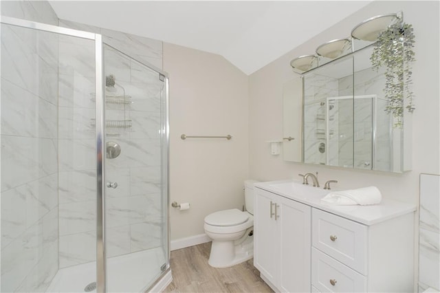 37 Quail Ln, Staten Island, NY 10309 - full bathroom with vaulted ceiling, a shower stall, wood finished floors, and vanity