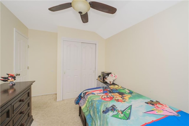 37 Quail Ln, Staten Island, NY 10309 - bedroom with a closet, light colored carpet, lofted ceiling, and a ceiling fan