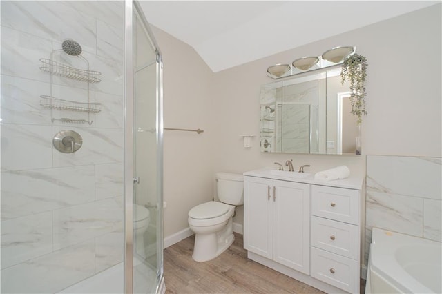 37 Quail Ln, Staten Island, NY 10309 - full bath with a stall shower, lofted ceiling, vanity, wood finished floors, and a garden tub