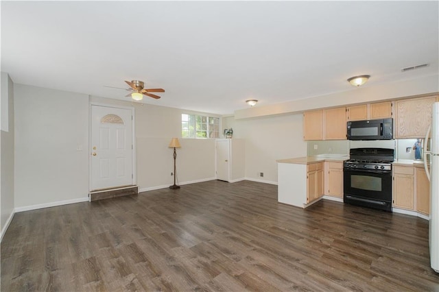 37 Quail Ln, Staten Island, NY 10309 - kitchen with black appliances, light brown cabinetry, open floor plan, light countertops, and dark wood-type flooring