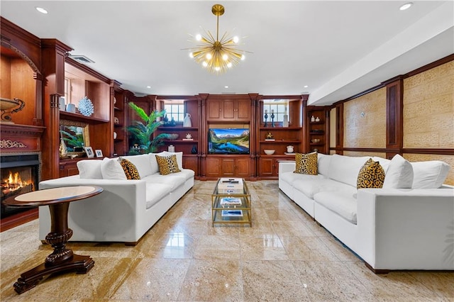 8524 Ridge Blvd, Brooklyn, NY 11209 - living area featuring a chandelier, built in shelves, a lit fireplace, and recessed lighting