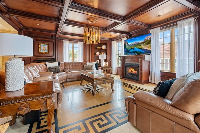 8524 Ridge Blvd, Brooklyn, NY 11209 - living area with a chandelier, a warm lit fireplace, inlaid floor details, crown molding, and coffered ceiling