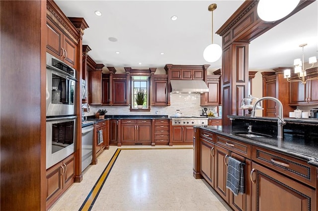 8524 Ridge Blvd, Brooklyn, NY 11209 - kitchen with range hood, stainless steel appliances, backsplash, a chandelier, and inlaid floor details