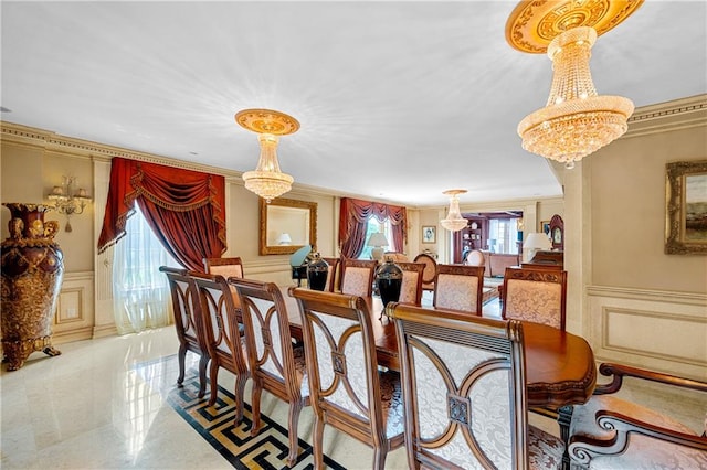 8524 Ridge Blvd, Brooklyn, NY 11209 - dining space with a decorative wall, a chandelier, ornamental molding, and a wainscoted wall