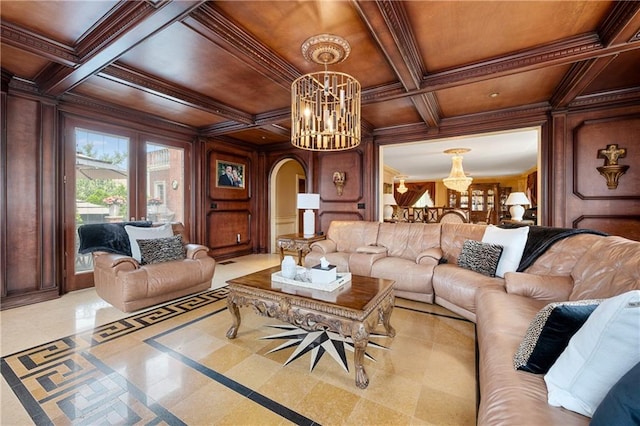 8524 Ridge Blvd, Brooklyn, NY 11209 - living room with a chandelier, arched walkways, a wood ceiling with exposed beams, crown molding, and coffered ceiling