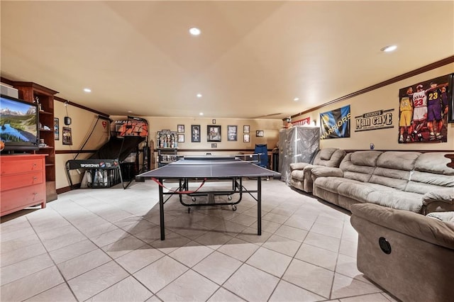 8524 Ridge Blvd, Brooklyn, NY 11209 - playroom with light tile patterned floors, recessed lighting, and ornamental molding