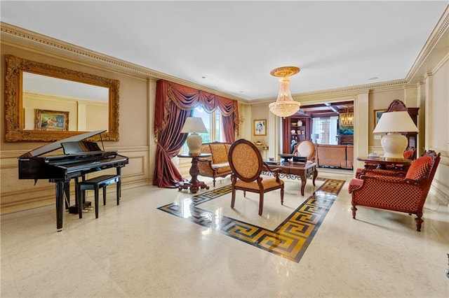 8524 Ridge Blvd, Brooklyn, NY 11209 - sitting room with crown molding, plenty of natural light, a decorative wall, wainscoting, and a chandelier