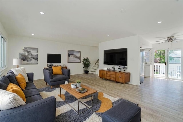 211 Dover Grn, Staten Island, NY 10312 - living area featuring light wood finished floors, stairway, recessed lighting, and ceiling fan