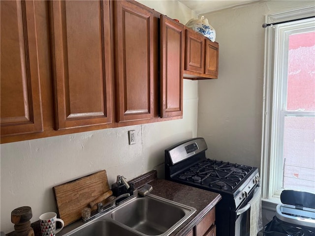 582 Williams Ave, Brooklyn, NY 11207 - kitchen featuring stainless steel range with gas cooktop, healthy amount of natural light, and brown cabinetry