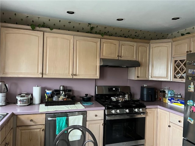 82 Seagate Ct, Staten Island, NY 10305 - kitchen with stainless steel appliances, under cabinet range hood, light brown cabinets, light countertops, and recessed lighting