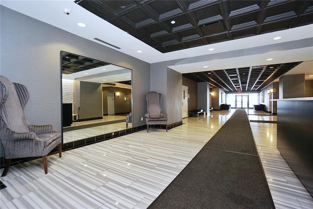 90 Bay Street Lndg Unit 4B, Staten Island, NY 10301 - lobby with coffered ceiling, a surveillance system, recessed lighting, and beam ceiling