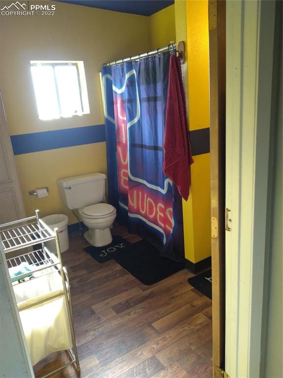 bathroom with toilet and hardwood / wood-style flooring