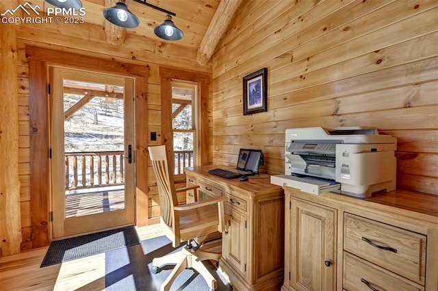 office area with vaulted ceiling, hardwood / wood-style flooring, and wood ceiling