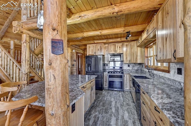 kitchen with beamed ceiling, backsplash, black appliances, and wood ceiling