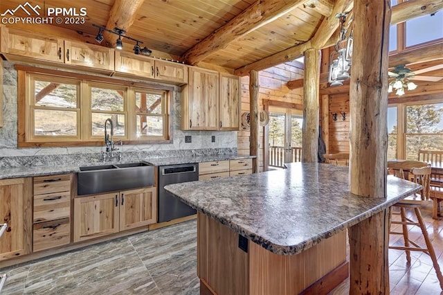 kitchen with a center island, sink, dishwasher, wood ceiling, and beam ceiling