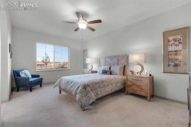 carpeted bedroom featuring ceiling fan