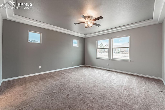 empty room with ceiling fan, a tray ceiling, and carpet