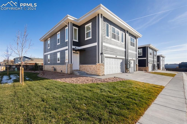 view of property exterior featuring a garage and a lawn