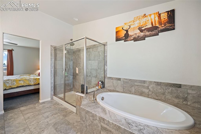 bathroom featuring tile floors and independent shower and bath