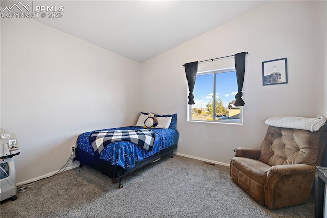 bedroom featuring light carpet and vaulted ceiling