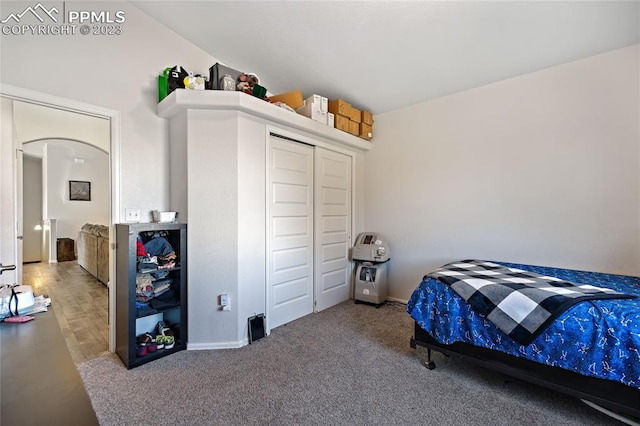 bedroom featuring carpet floors, a closet, and vaulted ceiling