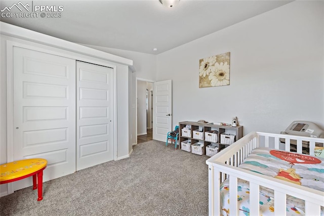 carpeted bedroom with a closet and a crib