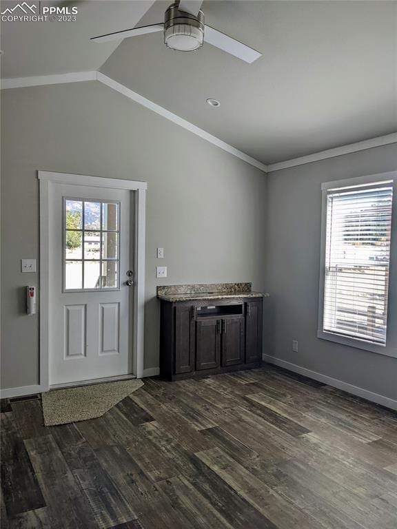 foyer entrance featuring a healthy amount of sunlight, crown molding, dark hardwood / wood-style floors, and ceiling fan