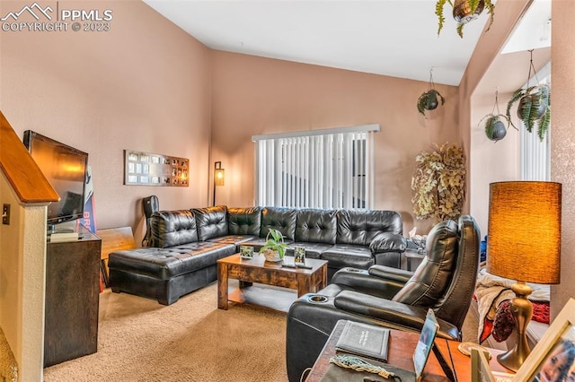 carpeted living room with lofted ceiling