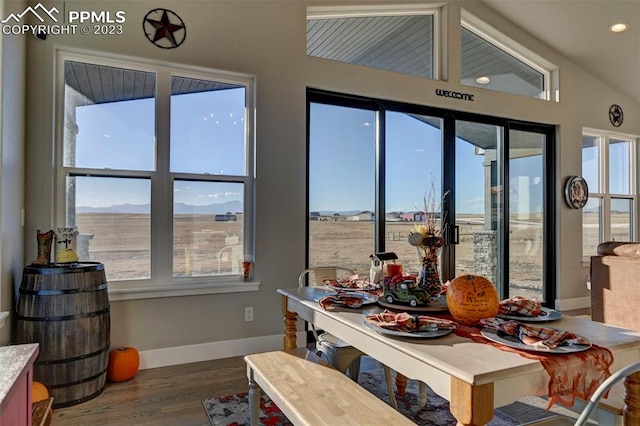 dining area with dark hardwood / wood-style floors and vaulted ceiling