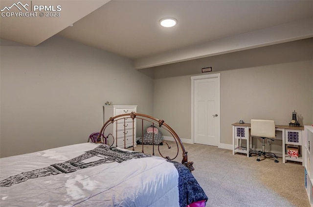 bedroom with light carpet