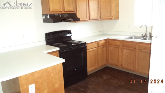 kitchen with kitchen peninsula, range hood, sink, black electric range, and dark hardwood / wood-style flooring