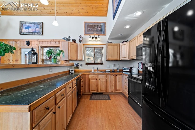 kitchen with light hardwood / wood-style flooring, black appliances, wood ceiling, sink, and pendant lighting