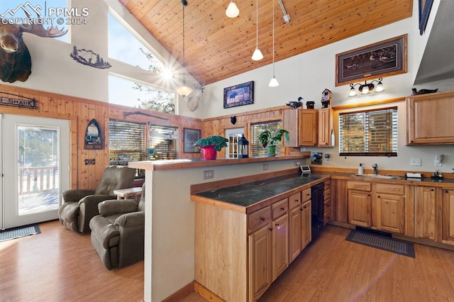 kitchen with high vaulted ceiling, sink, wooden ceiling, light hardwood / wood-style flooring, and kitchen peninsula