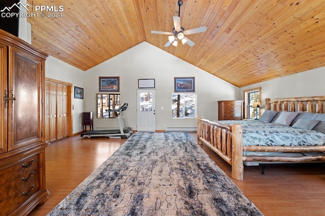 bedroom with ceiling fan, high vaulted ceiling, hardwood / wood-style floors, wooden ceiling, and baseboard heating