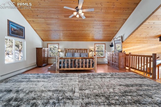 bedroom with wooden ceiling, ceiling fan, a baseboard radiator, and hardwood / wood-style flooring