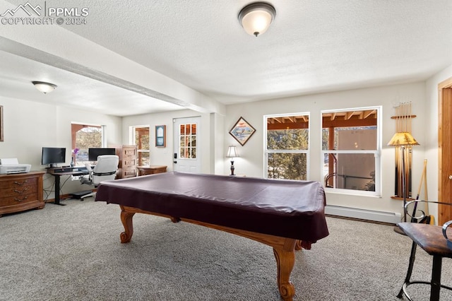 rec room featuring carpet flooring, a textured ceiling, a baseboard radiator, and billiards