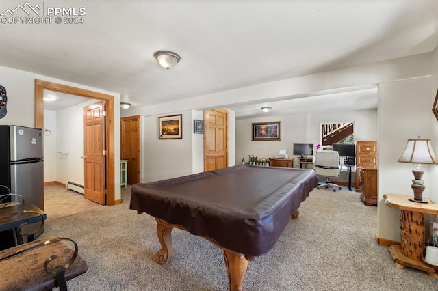 recreation room featuring a baseboard heating unit, pool table, and carpet