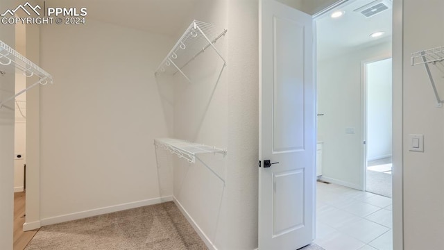 walk in closet with light colored carpet