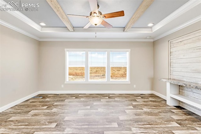 unfurnished room featuring ceiling fan, light hardwood / wood-style flooring, ornamental molding, and beam ceiling