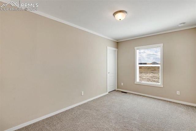 carpeted spare room with ornamental molding