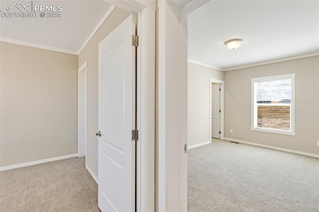 hallway with ornamental molding and light carpet