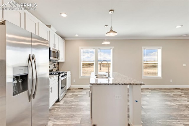 kitchen featuring decorative light fixtures, light hardwood / wood-style flooring, white cabinetry, appliances with stainless steel finishes, and sink