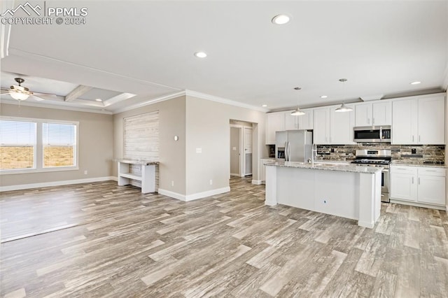 kitchen with appliances with stainless steel finishes, pendant lighting, ceiling fan, and light hardwood / wood-style flooring