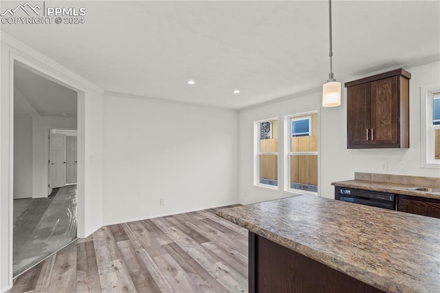 kitchen with decorative light fixtures, ornamental molding, light hardwood / wood-style flooring, dark brown cabinets, and dishwasher