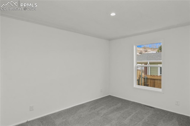 unfurnished room with crown molding and dark colored carpet