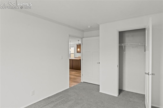 unfurnished bedroom with carpet flooring, a closet, and crown molding