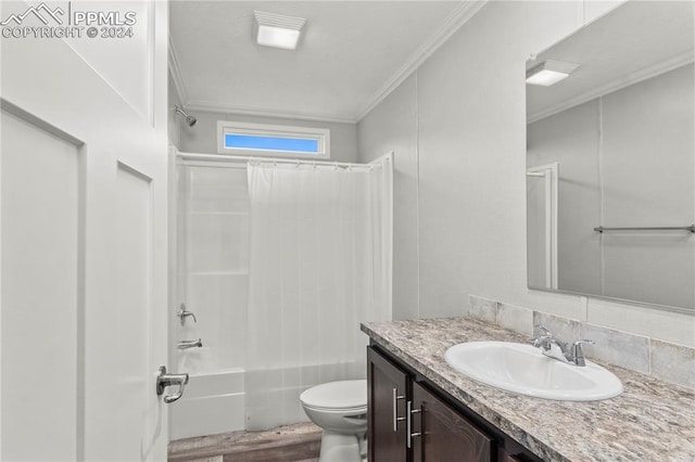 full bathroom with toilet, vanity, shower / bath combination with curtain, hardwood / wood-style floors, and ornamental molding