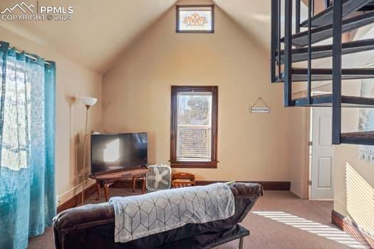 living room featuring lofted ceiling and light colored carpet